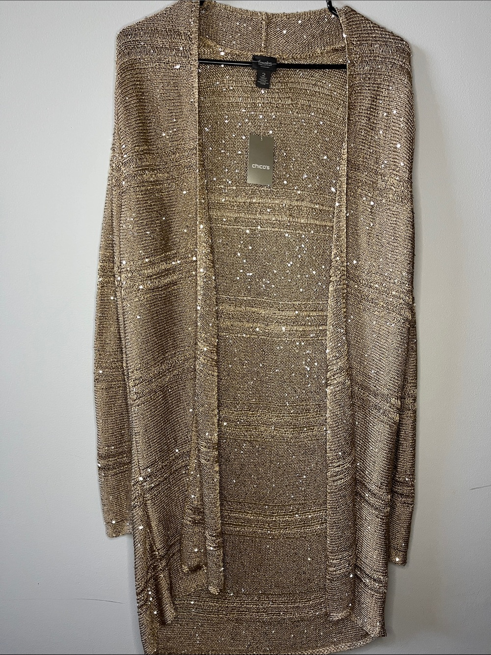 Chico's Travelers Collection gold shimmer sequin openfront long cardigan sweater